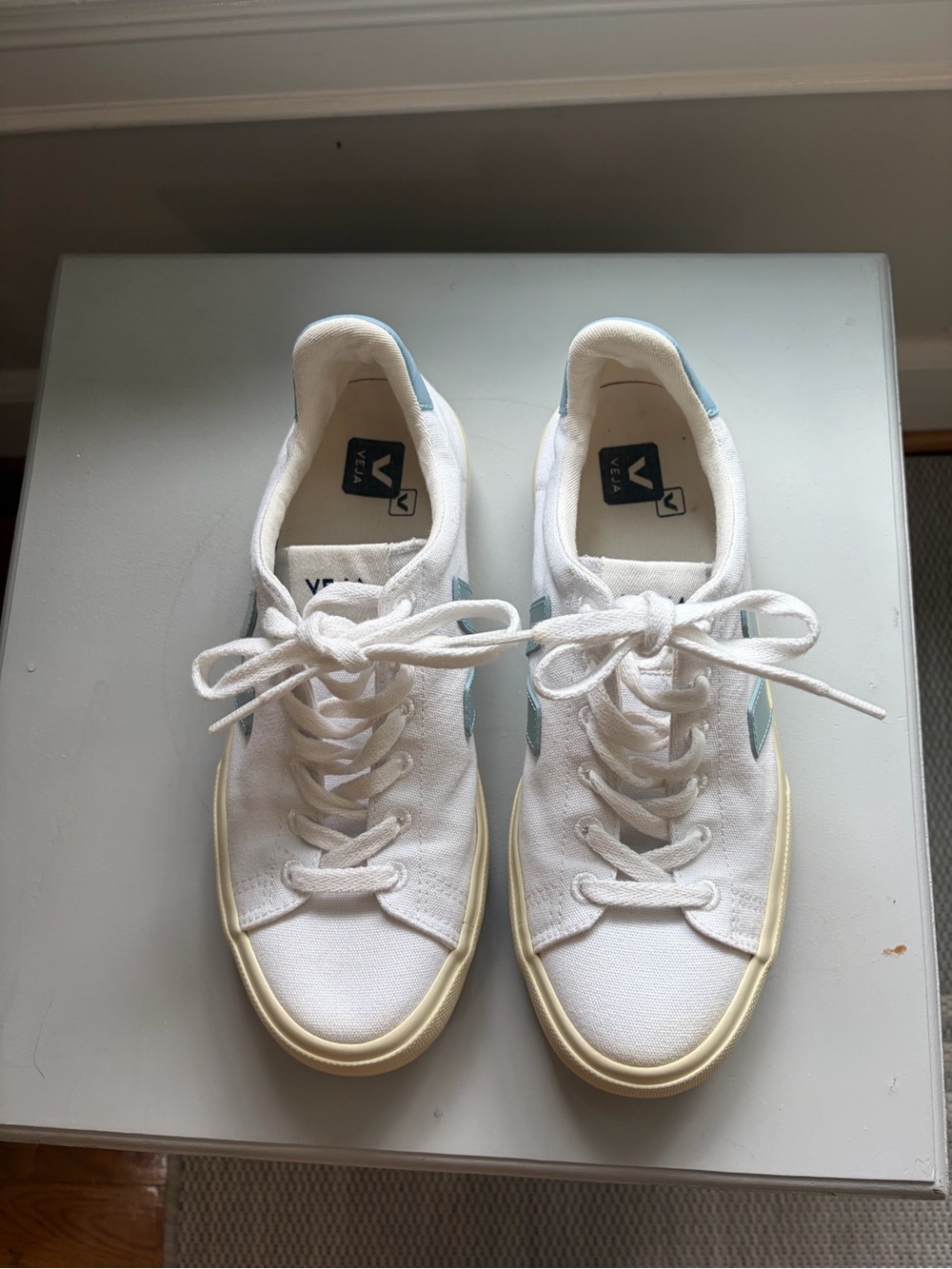 Veja White Canvas Sneakers with Light Blue V Accent